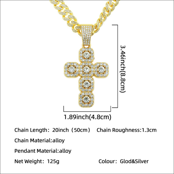 Hip Hop Alloy Cross Pendant Cuban Chain Necklace For Men With Diamond And Geometric Design