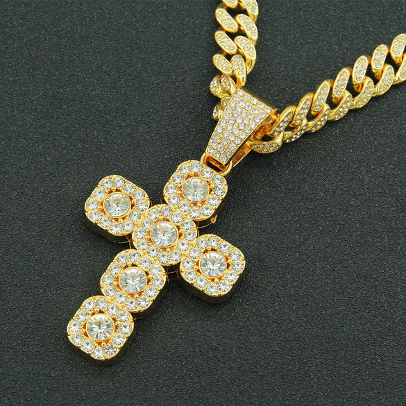 Hip Hop Alloy Cross Pendant Cuban Chain Necklace For Men With Diamond And Geometric Design