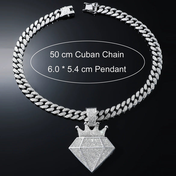 Hip Hop Alloy Crown Diamond Pendant Necklace With Cuban Chain