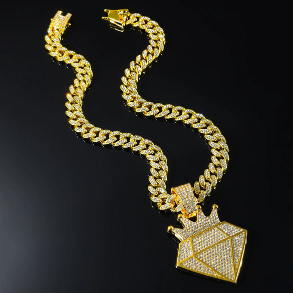 Hip Hop Alloy Crown Diamond Pendant Necklace With Cuban Chain