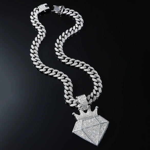 Hip Hop Alloy Crown Diamond Pendant Necklace With Cuban Chain