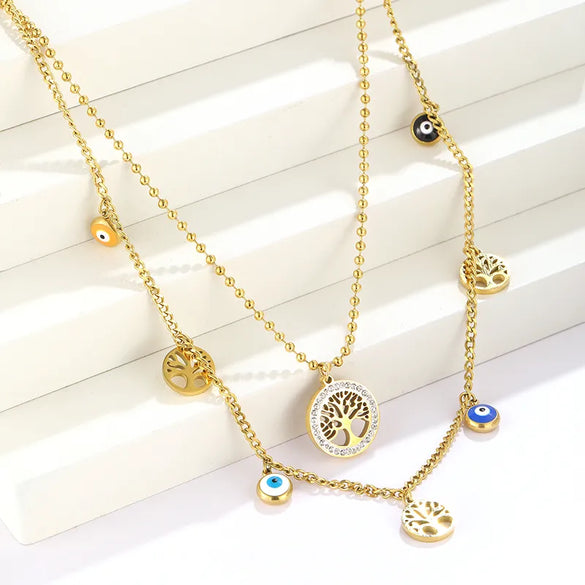 Wholesale Jewelry Hip-Hop Cool Style Devil'S Eye 304 Stainless Steel Plating Double Layer Necklaces