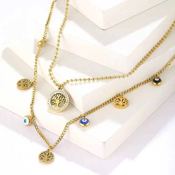Wholesale Jewelry Hip-Hop Cool Style Devil'S Eye 304 Stainless Steel Plating Double Layer Necklaces