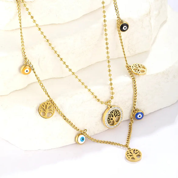 Wholesale Jewelry Hip-Hop Cool Style Devil'S Eye 304 Stainless Steel Plating Double Layer Necklaces