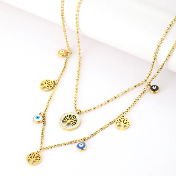Wholesale Jewelry Hip-Hop Cool Style Devil'S Eye 304 Stainless Steel Plating Double Layer Necklaces