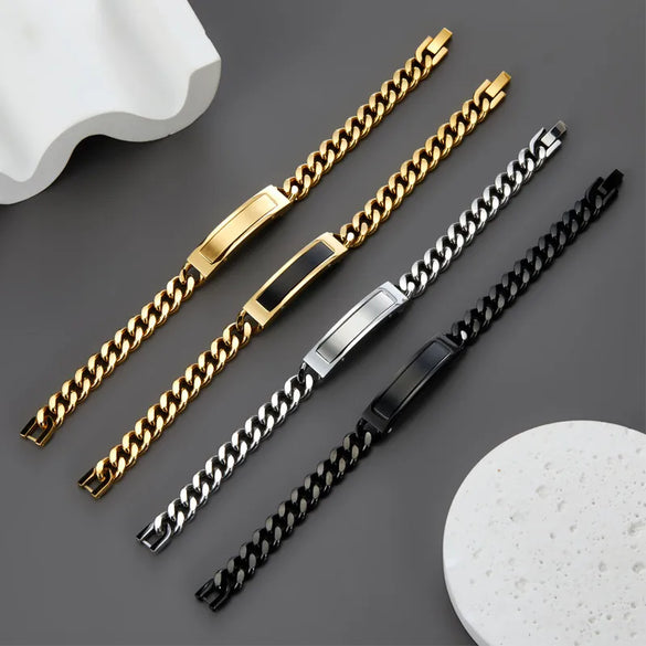 Hip-Hop Customization Laser Engraving Solid Color 304 Stainless Steel Plating Men'S Bracelets Men Chain Bracelets