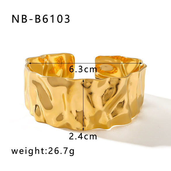 Hip Hop Exaggerated Hammer Simple Wide Open Titanium Steel Bracelet With 14K Gold Electroplating