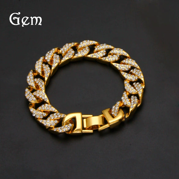 Hip Hop Geometric Alloy Cuban Chain Necklace And Bracelet Set With Diamond Look Inlay Gold And Silver Thick Statement Jewelry For Men And Unisex