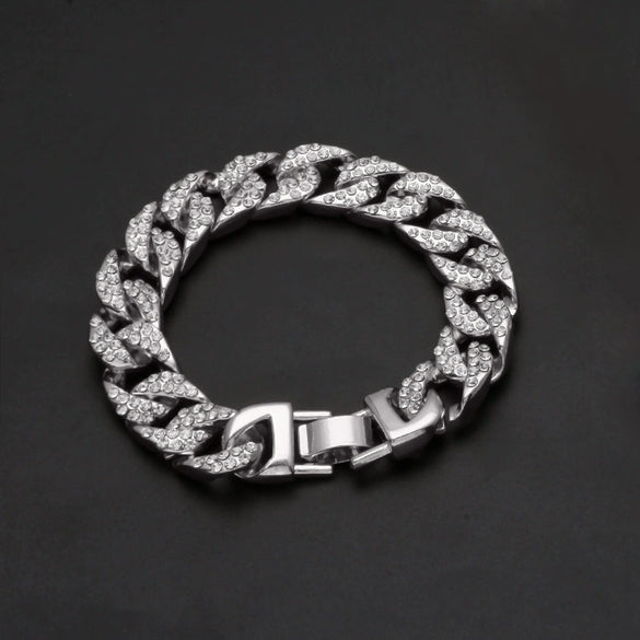 Hip Hop Geometric Alloy Cuban Chain Necklace And Bracelet Set With Diamond Look Inlay Gold And Silver Thick Statement Jewelry For Men And Unisex
