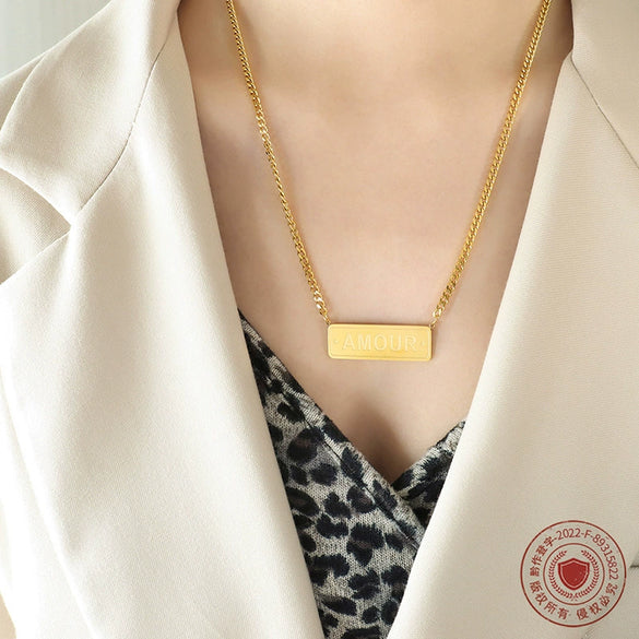 Hip Hop Long English Letter Pendant Clavicle Necklace Stacked Stainless Steel Electroplated Geometric For Women