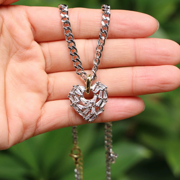Hip Hop Micro Inlaid Zircon Heart Pendant Copper Necklace With Water Wave Chain Electroplated Clavicle Chain For Men And Women