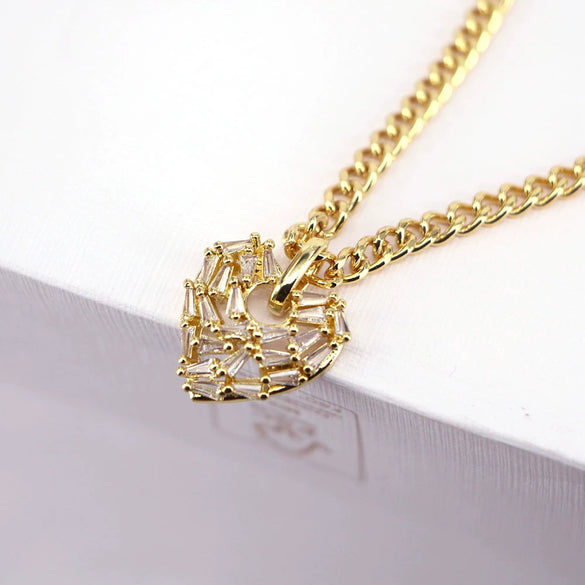 Hip Hop Micro Inlaid Zircon Heart Pendant Copper Necklace With Water Wave Chain Electroplated Clavicle Chain For Men And Women