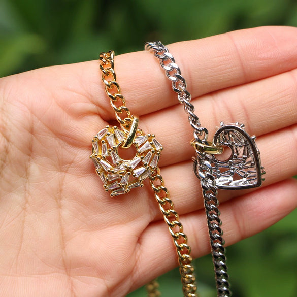 Hip Hop Micro Inlaid Zircon Heart Pendant Copper Necklace With Water Wave Chain Electroplated Clavicle Chain For Men And Women