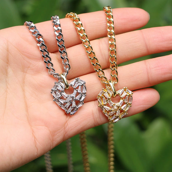 Hip Hop Micro Inlaid Zircon Heart Pendant Copper Necklace With Water Wave Chain Electroplated Clavicle Chain For Men And Women