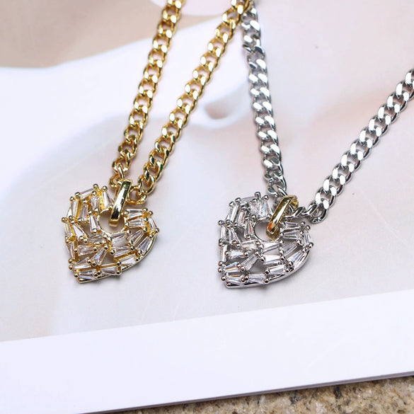 Hip Hop Micro Inlaid Zircon Heart Pendant Copper Necklace With Water Wave Chain Electroplated Clavicle Chain For Men And Women