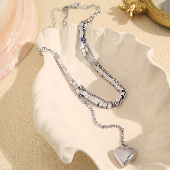 Hip Hop Necklace Love Pendant 316L Stainless Steel Square Cuban Chain Electroplated