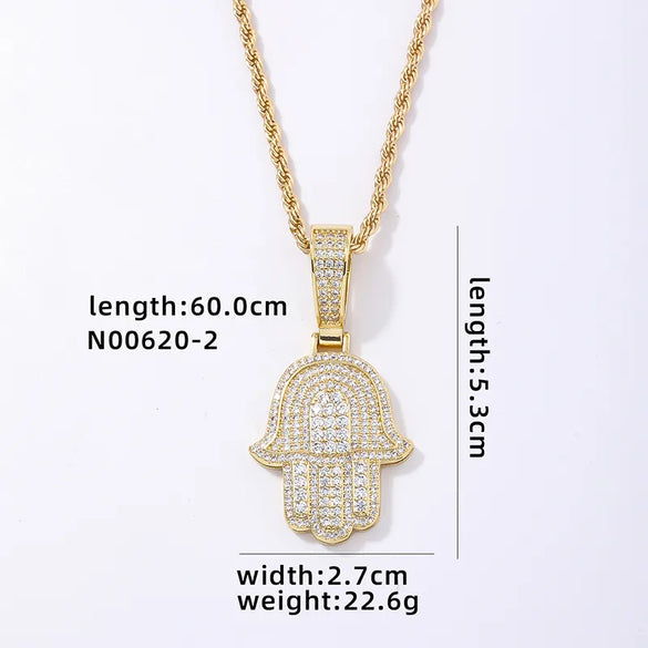 Hip-Hop Palm  304 Stainless Steel Copper Plating Chain Inlay Zircon K Gold Plated Rhodium Plated Men'S Necklace Pendant
