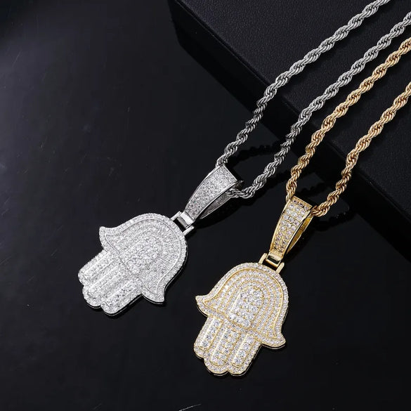 Hip-Hop Palm  304 Stainless Steel Copper Plating Chain Inlay Zircon K Gold Plated Rhodium Plated Men'S Necklace Pendant