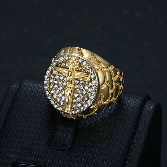 Hip-Hop Punk Cross Titanium Steel Plating Inlay Rhinestones Men'S Wide Band Rings