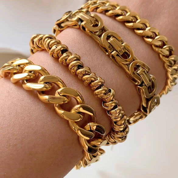 Hip Hop Punk Style Stainless Steel Geometric Cuban Bracelet Plated Real Gold Handmade Woven Chain