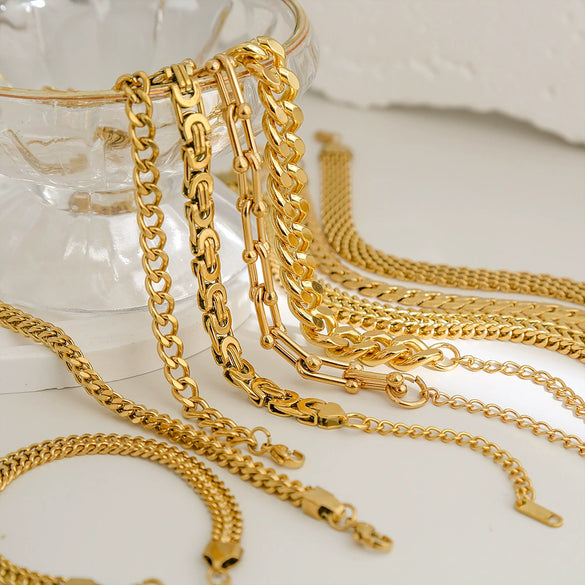 Hip Hop Punk Style Stainless Steel Geometric Cuban Bracelet Plated Real Gold Handmade Woven Chain