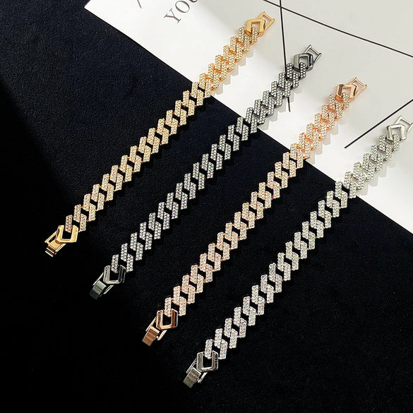 Hip Hop Punk Style Wide Cuban Bracelet With Flash Diamond And Geometric Pattern Alloy Material