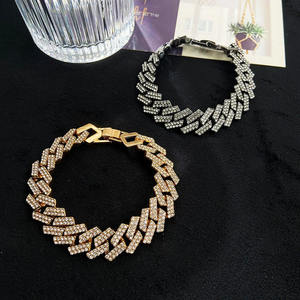 Hip Hop Punk Style Wide Cuban Bracelet With Flash Diamond And Geometric Pattern Alloy Material