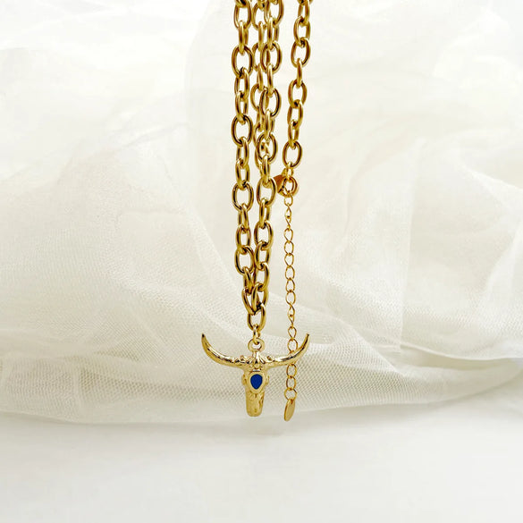 304 Stainless Steel 14K Gold Plated Hip-Hop Rock Polishing Enamel Plating Cattle Pendant Necklace