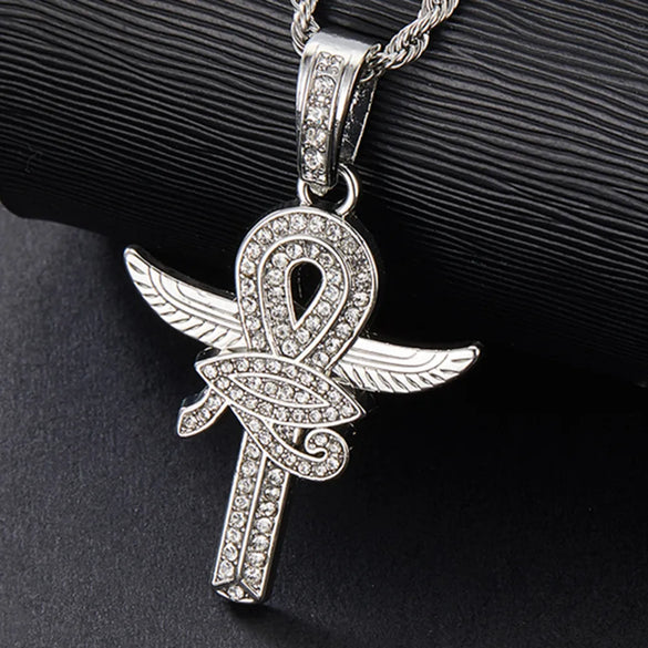 Hip-Hop Rock Cross Eye Of Horus Stainless Steel Alloy Inlay Rhinestones Unisex Pendant Necklace