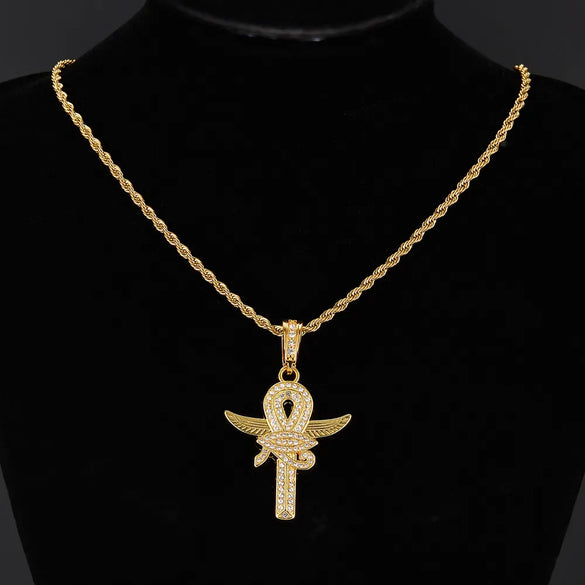 Hip-Hop Rock Cross Eye Of Horus Stainless Steel Alloy Inlay Rhinestones Unisex Pendant Necklace
