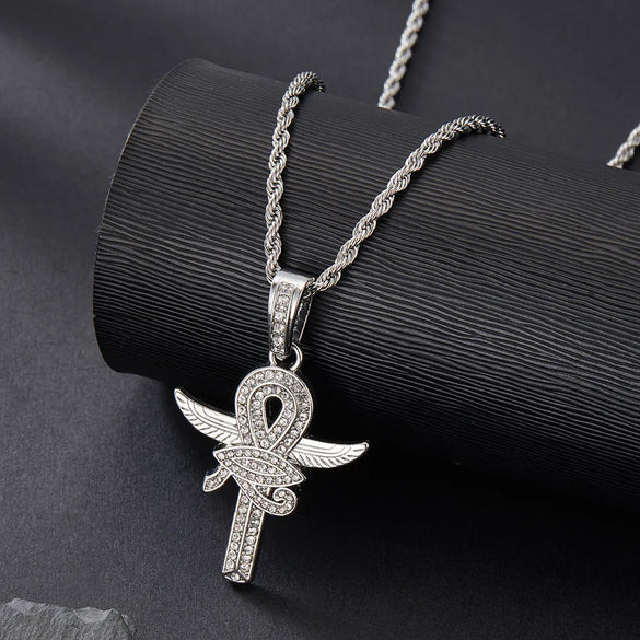 Hip-Hop Rock Cross Eye Of Horus Stainless Steel Alloy Inlay Rhinestones Unisex Pendant Necklace