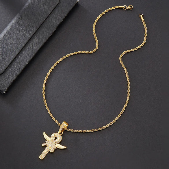 Hip-Hop Rock Cross Eye Of Horus Stainless Steel Alloy Inlay Rhinestones Unisex Pendant Necklace