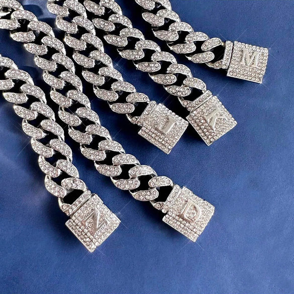 1PC A-Z Hiphop Man Personalized Name Letter Chain Bracelet Zinc Alloy Cutom Name Uppercase Letter Crown Cuba Chain Bracelets Full Diamond Heart Tennis Chain