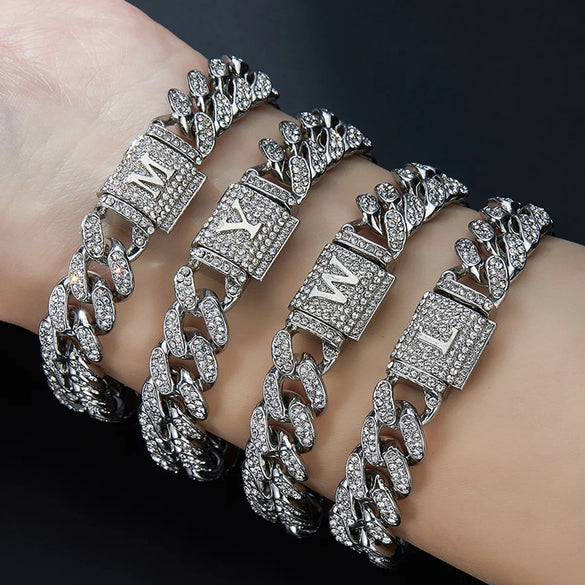 1PC A-Z Hiphop Man Personalized Name Letter Chain Bracelet Zinc Alloy Cutom Name Uppercase Letter Crown Cuba Chain Bracelets Full Diamond Heart Tennis Chain
