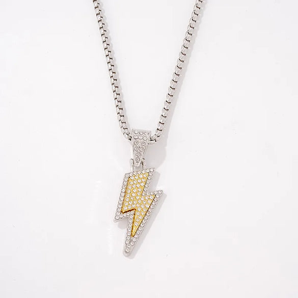 Hip-Hop Rock Lightning 304 Stainless Steel Alloy Inlay Rhinestones Rhodium Plated Unisex Pendant Necklace