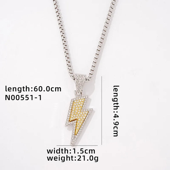 Hip-Hop Rock Lightning 304 Stainless Steel Alloy Inlay Rhinestones Rhodium Plated Unisex Pendant Necklace