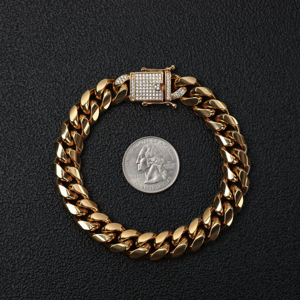 Hip Hop Rock Stainless Steel Cuban Chain Lock Necklace Bracelet With Geometric Pattern And Casting Process