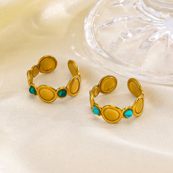 304 Stainless Steel 18K Gold Plated Hip-Hop Plating Inlay Round Natural Stone Turquoise Open Rings