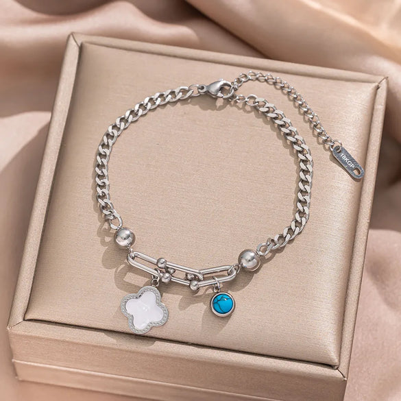 Hip-Hop Simple Style Four Leaf Clover Heart Shape Butterfly Titanium Steel Turquoise Shell Bracelets In Bulk