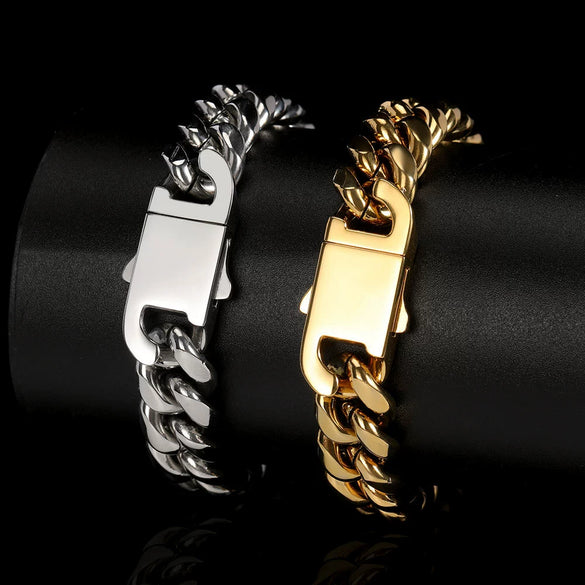 Hip Hop Stainless Steel Geometric Cuban Bracelet With Spring Buckle And Round Grinding Electroplating For Unisex
