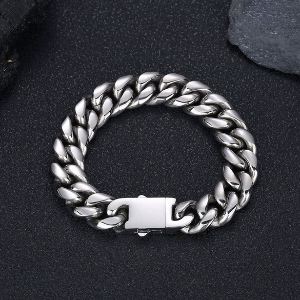Hip Hop Stainless Steel Geometric Cuban Bracelet With Spring Buckle And Round Grinding Electroplating For Unisex