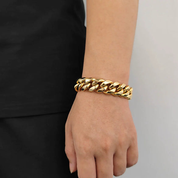 Hip Hop Stainless Steel Geometric Cuban Bracelet With Spring Buckle And Round Grinding Electroplating For Unisex