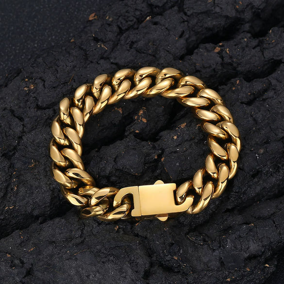 Hip Hop Stainless Steel Geometric Cuban Bracelet With Spring Buckle And Round Grinding Electroplating For Unisex