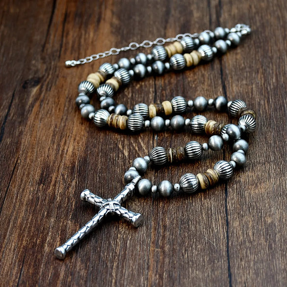 Hip-Hop Vintage Style Handmade Cross Stainless Steel Alloy Plastic Beaded Handmade Silver Plated Men'S Pendant Necklace