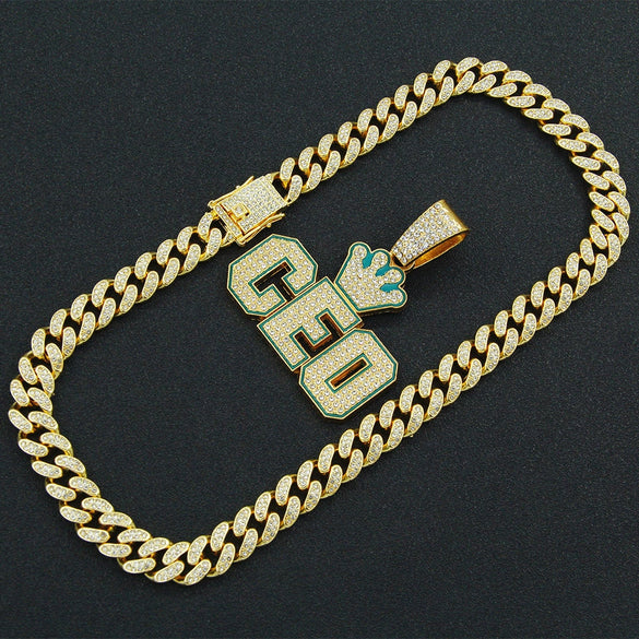 Hiphop Alloy Letter Pendant Necklace With Diamond And Cuban Chain For Men