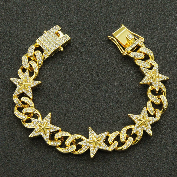Hiphop Alloy Threedimensional Stars Diamond Cuban Chain Men's Bracelet