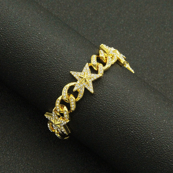 Hiphop Alloy Threedimensional Stars Diamond Cuban Chain Men's Bracelet