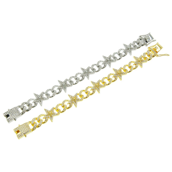 Hiphop Alloy Threedimensional Stars Diamond Cuban Chain Men's Bracelet