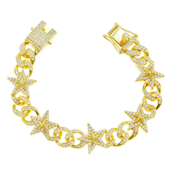 Hiphop Alloy Threedimensional Stars Diamond Cuban Chain Men's Bracelet