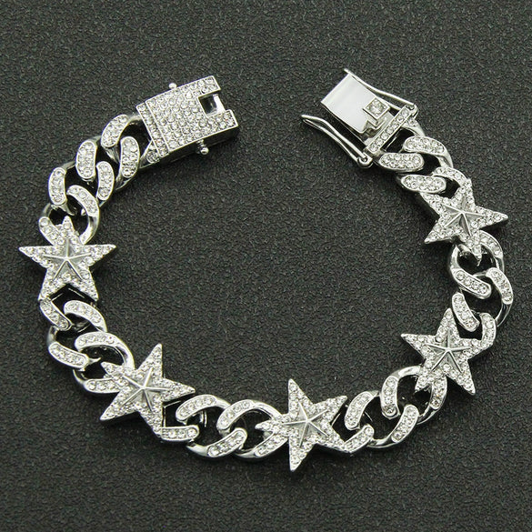 Hiphop Alloy Threedimensional Stars Diamond Cuban Chain Men's Bracelet